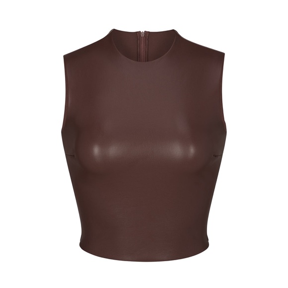 SKIMS Faux Leather Crew Neck Cropped Top in Cocoa - Picture 2 of 4